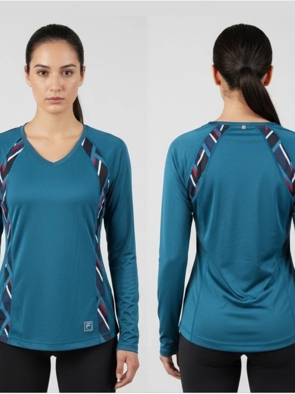 Fila Teal Long-Sleeve V-Neck Athletic Top with Striped Panels